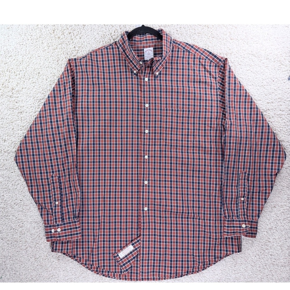 Brooks Brothers 346 Button Down Shirt Mens XL‎ Red Navy Plaid Excellent Cotton